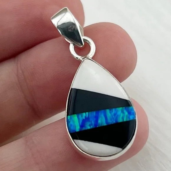 Blue Fire Opal Pendant Pure Sterling Silver 925 Shell Onyx Inlay Stripe New - Picture 3 of 9